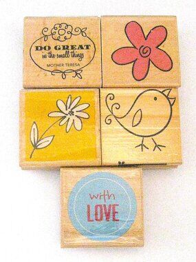 Rubber/Wood Block Stamps  Set/5  - Flowers, Bird, Love